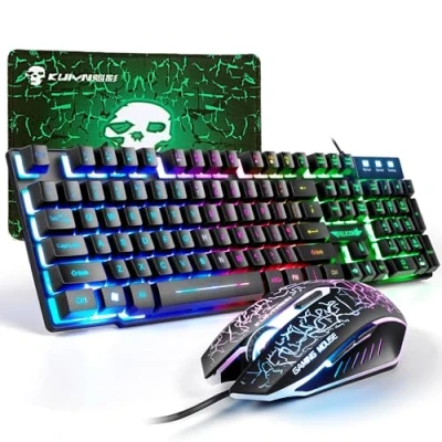 Image de Ensemble Clavier Souris Gaming, QWERTY UK Layout Rétroéclairé Coloré LED Filaire 4 Boutons 2400DPI Tapis de Souris, Compatible avec Windows, Mac OS, PS4, Xbox(Adaptateur Requis) Noir