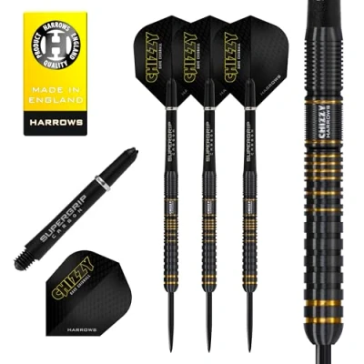 Image de Harrows Dave Chisnall Chizzy Series Lot de 10 fléchettes professionnelles 90 % tungstène Pointe en acier 21 g à 26 Tous les poids Pro DartsI10 pièces avec tiges midi carbone