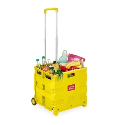 Image de Relaxdays Chariot de Courses Pliable, 2 Roues, poignée téléscopique, jusqu&#039;à 35 kg, Poussette marché, Jaune