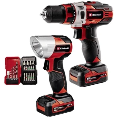 Image de Einhell kit perceuse visseuse sans fil TE CD 12/1 Li +22+CL (Li Ion, 12 V, 30 Nm max., engrenage 2 vitesses, avec batteries 2,0 Ah, chargeur, de forets/embouts vissage et lampe fil)