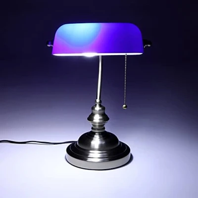 Image de rétro vert Lampe de banquier avec interrupteur à tirette, bureau vintage Tiffany, chevet banquier, abat jour en verre Ø23cm, finition laiton, H36cm, E27 MAX40W (bleu)
