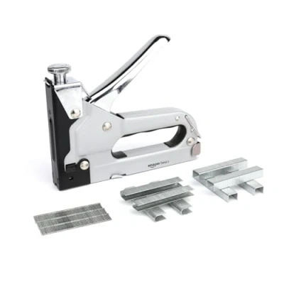Image de Amazon Basics Agrafeuse ultra robuste 3 en 1 avec lot de 600 agrafes, pour tissus d’ameublement, réparations la maison, menuiserie, décoration et mobilier, Noir,Argent