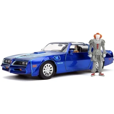 Image de Jada Toys Pennywise &amp; Henry Bower&#039;s IT 1977 Pontiac Firebird Voiture Jouet en Die Cast, avec Zombie Figure, Voiture, Portes, Coffre + Capot ouvrant, 1:24, Bleu, 253255022