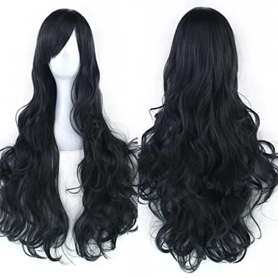 Image de IMISSU 80cm Longue perruque de cosplay cheveux naturels bouclés avec une frange colorée Halloween Costume Party perruques pour les femmes (Noir)