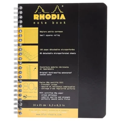 Image de RHODIA 193429C Cahier à Spirale (Reliure Intégrale) Notebook Noir A5+ 16 x 21 cm Petits Carreaux 160 pages Détachables Papier Clairefontaine Blanc 80 g/m² Couverture Souple et Résistante