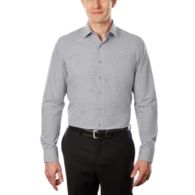 Image de Kenneth Cole Chemise habillée Coupe ajustée Carreaux et Rayures (Motif), Gris, 35,56 cm Cou 81,28 83,82 Sleeve Homme