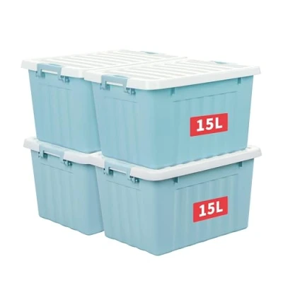 Image de Cetomo Lot de 4 boîtes rangement en plastique blanc avec couvercle durable et boucles verrouillage sécurisées, empilables emboîtables, boucle