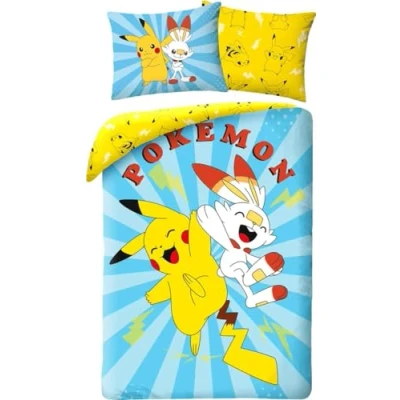 Image de Halantex Parure de lit Pokemon Pikachu et Flambino, 100% Coton, Housse Couette Réversible 140x200 cm + Taie d&#039;oreiller 65x65