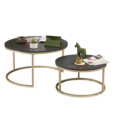 Image de Soayone Lot de 2 Tables Basses Rondes en marbre Noir avec Structure métal doré Table d&#039;appoint Ronde Salon Moderne pour Salon, Chambre à Coucher, Balcon