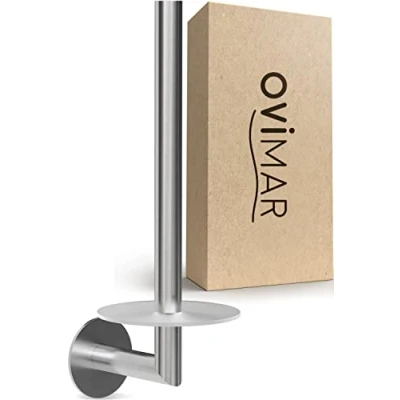Image de ovimar Ersatzrollenhalter Hesselo silber zum Kleben 3M aus Edelstahl und Glas Toilettenpapier Rollen Aufbewahrung zur Wandbefestigung ohne Bohren selbstklebend bis zu 2 Küchenrollenhalter