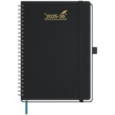 Image de BEZEND Agenda 2025 2026 A5 Spirale 21 x 15,5 cm Semainier 25 26 avec Double Horaire 1 Semaine 2 Pages 18 Mois Du juil. à déc. Couverture Souple en Cuir PU Noir