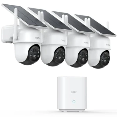 Image de AOSU 2K Camera Surveillance Exterieure sans Fil, 4 Cam Kit avec Homebase, Zéro Frais, 360 Panoramique PTZ, 3MP WiFi Solaire Caméra Exterieur à Batterie, Vision Vocturne, Alarme Lumineuse Sonore