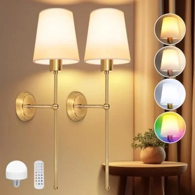 Image de Ketom 2 Pack Lampe Murale Sans Fil Rechargeable, 12 RGB Dimmable Luminaire LED Mural à Piles, avec Télécommande, Applique Interieure Vintage Abat jour en Tissu Blanc, Doré