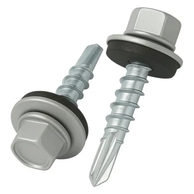 Image de 4.8 mm x 25 vis de toiture, tête hexagonale autoperceuse colorée (RAL 9006 Aluminium blanc) toit avec rondelle scellée en EPDM, à gros filets trempés zingués antirouille (50 pièces)