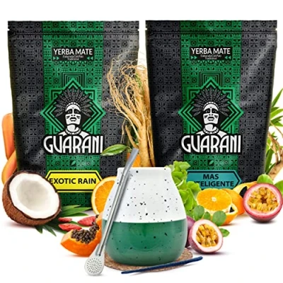 Image de yerba mate set with accessories stimulant Two pack of Guarani Guarana, ginseng, tropical fruit Paraguayan Intense Natural caffeine 2x500g 1kg