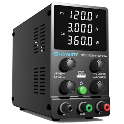 Image de Alimentation DC Variable, 120V 3A Régulable à Commutation Réglable Banc Linéaire avec Affichage LED 4 Chiffres de Haute Précision, Port USB 5V/2A, Réglages Grossiers et Fins