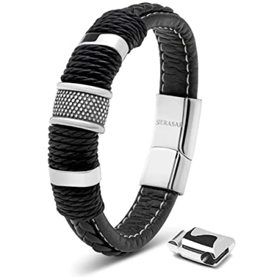Image de SERASAR Idee Cadeau Homme Bracelet Cuir Garcon 17cm Argent Acier Inoxydable Véritable Multi Tissé Réglable Les Hommes Chaîne Tressé Accessoire Jeune Jewelry Saint Valentin Large Classic