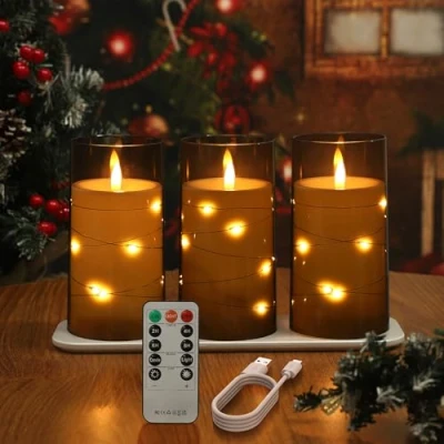 Image de EXTSUD Lot de 3 Bougie LED Rechargeable avec Guirlande Lumineuse en Acrylique, Décorative Flamme Vacillante Télécommande et Station Charge pour Fête, Anniversaire, Mariage