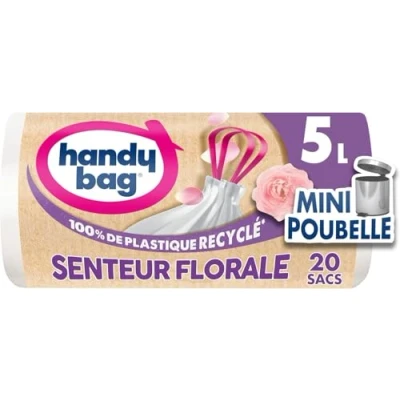 Image de Handy Bag sacs poubelle salle de bains à poignées coulissantes senteur florale 5L x 20 Spécial mini poubelles Étanchéité maximale Fond anti fuite 100% plastique recyclé