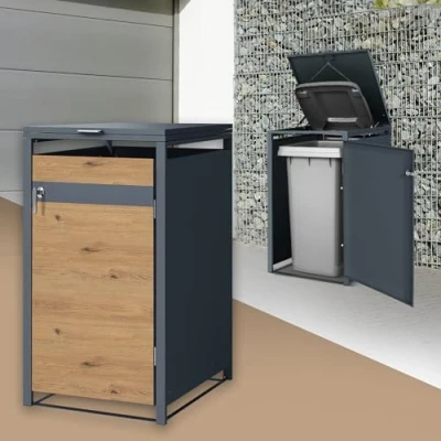 Image de ML Design Box pour 1 Poubelle, 240L, 68x80x116,3 cm, en Acier, Anthracite/Aspect Chêne, Résistant aux Intempéries, Habillage de Poubelle avec Couvercle Rabattable/Porte, Conteneur Abri Hangar