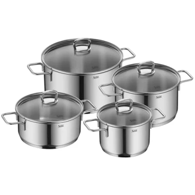 Image de Silit Alicante Lot de 4 casseroles avec couvercle en verre, à induction, acier inoxydable poli, non revêtues, passent au four
