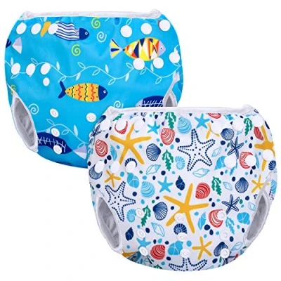 Image de Luxja Couches de Bain, Bébé Maillot Bain 2PCS, Lavable, Réutilisable, Ajustable, Pour les enfants 0 3 Ans, Coquillage + Poisson Bleu