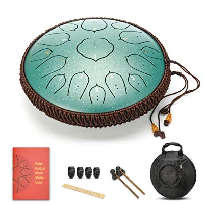 Image de Amkoskr 14 Pouces 35 cm Tambour de Langue en Acier à Clé D 15 Tons Main Instrument Percussion avec Maillets Tambour/Sac Transport (Vert)