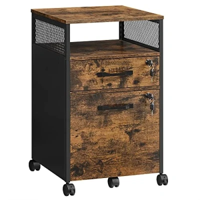 Image de VASAGLE classeur, Armoire de Bureau avec 2 tiroirs verrouillables, roulettes, étagère Ouverte, pour dossiers Suspendus, Cadre en Acier, Style Industriel, Marron Rustique et Noir OFC077B01