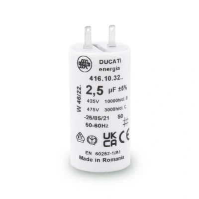 Image de Condensateur 2,5 μF spécial volet roulant SOMFY cylindrique à deux cosses 2,8 mm type faston pour réparation de Haute qualité longue durée vie Fond plat 450V