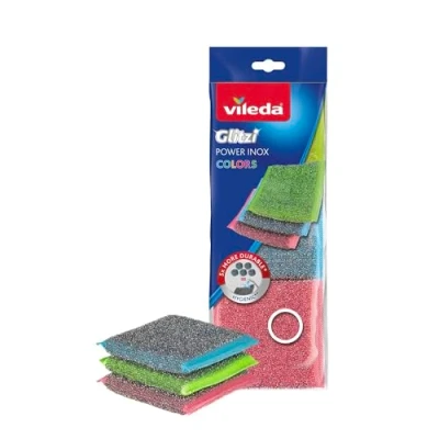 Image de Vileda Glitzi Power INOX Colors, Récureurs colorés, Extérieur en Acier Inoxydable, Très hygiénique, Pouvoir nettoyant Exceptionnel, Durable et résistant, Élimine Facilement la saleté Les résidus