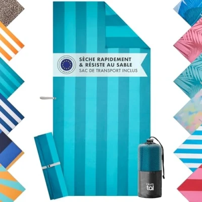 Image de Blumtal Serviette de Plage XXL 90x190 cm Microfibre compacte Serviettes à séchage Rapide Drap Sport Grande Rayures turquoises