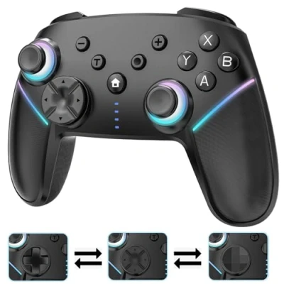 Image de Cehensy Manette Switch Sans Fil pour Nintendo Switch/Lite/OLED/PC, Pro avec LED RGB 9 Couleurs,Batterie 950 mAh,Programmable,Wake Up,Turbo,6 Axis Gyro,Dual Vibration,Noir