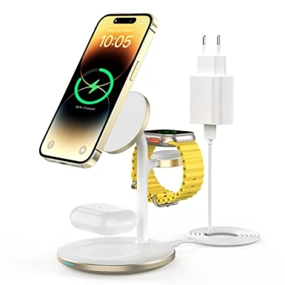 Image de Station de Charge inductive 3 en 1, Chargeur sans Fil, Compatible avec Le Mag Safe pour iPhone 14/12/11/Pro/Max, Apple Watch 7/6/5/4/3/2/SE, AirPods 3/2/Pro