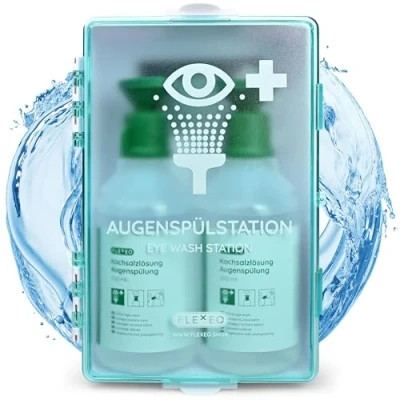 Image de FLEXEO station de lavage oculaire contient 2 bouteilles 500 ml solution saline et support mural stérile 0,9 NaCl eyewash Rince œil d&#039;urgence