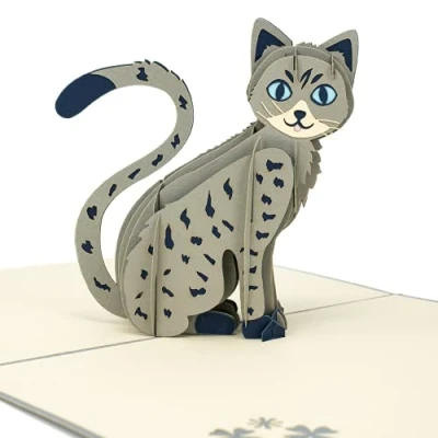 Image de LIMAH® Carte d&#039;anniversaire pop up 3D Motif chat de félicitations d&#039;amitié surprise avec un grand gris aux grands yeux bleus