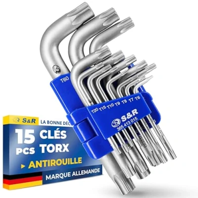 Image de S&amp;R Clefs Torx Jeu 15 Clés à étoile Extra Résistantes TX6 TX60, avec support de rangement