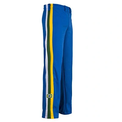 Image de JL Sport Authentique Brésilien Capoeira Arts Martiaux Pantalon Homme Bleu (avec Brésil National Couleurs Along Vertical Jambe Rayures) Bleu, Medium (30 32&quot;)