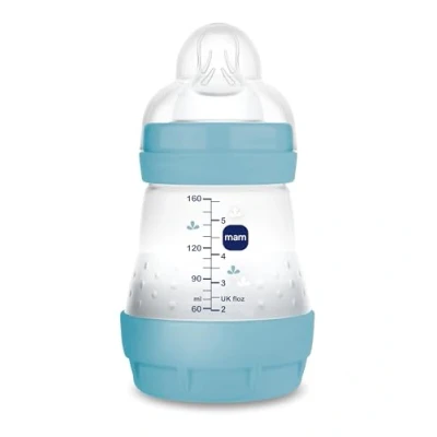 Image de MAM Biberon Anti coliques, nouveau né, 0 2 mois, 160 ml, avec tétine 1 flux lent en silicone, facile à accepter, auto stérilisable et nettoyer, Easy Start Colic, bleu mat, lot de unité