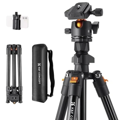 Image de K&amp;F Concept Trépied Appareil Photo Voyage, 163CM Trepied Léger en Aluminium, pour Smartphone avec Téléphone Support, Trépieds Caméra Compact 360 Rotule Ball DSLR Caméra(Seul 1.24KG)