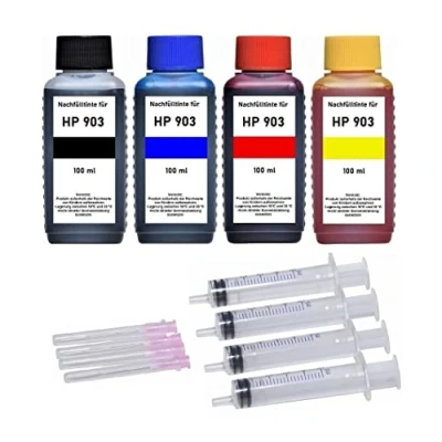 Image de Kit de Recharge 4 x 100 ML d&#039;encre Compatible avec HP 903 (XL) Noir/Cyan/Magenta/Jaune (T6M15AE T6L99AE T6M03AE T6L87AE T6M07AE T6L91AE T6M11AE T6L95AE)