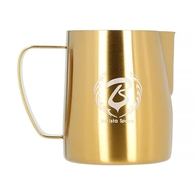 Image de Barista Space Pot à lait en argent poli, idéal pour le latte art, avec bec verseur précis, léger et pratique, recommandé par les champions du monde. silver Golden 350ml