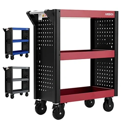 Image de Arebos Chariot de Service 3 Compartiments d&#039;atelier à Outils pour Le Transport et Stockage Plateaux Multifonctions Multi usages