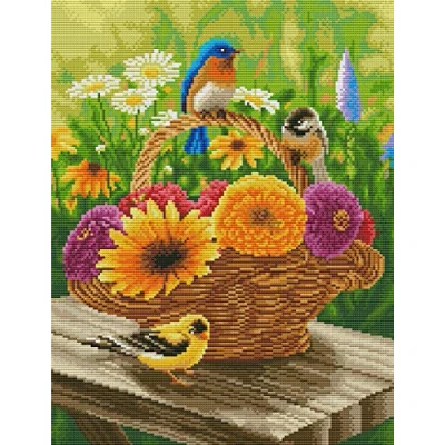 Image de Abillyn Kit de broderie au point croix motif panier fleurs colorées et oiseaux estampillés avec imprimé (oiseaux)