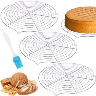 Image de Lot de 3 grilles Refroidissement 32,5 cm en acier inoxydable rapide et uniforme Grille à gâteau avec brosse silicone pour rôtir, griller, refroidir la cuisson