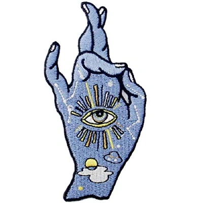 Image de Patch brodé en forme de Bonne chance je t&#039;aime, Signe la main et tous les yeux qui voient, à coudre ou coller avec fer repasser