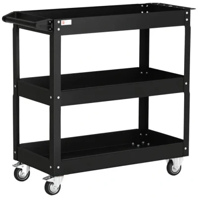 Image de DURHAND Chariot desserte d&#039;atelier Acier 3 Plateaux sur roulettes avec poignée Charge Max. 150 kg 83 x 35,3 76 cm Noir