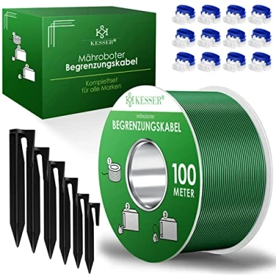 Image de KESSER® Câble de délimitation 100 m + 350 piquets Terre 12 connecteurs câbles pour tondeuses Robots à Gazon, Tondeuse kit d&#039;accessoires Fil Universel