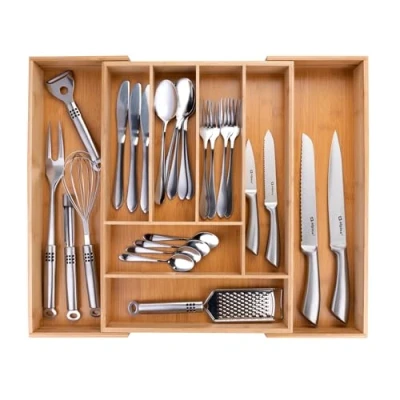 Image de alpina Range Couverts Pour Tiroir Organisateur Cuisine Extensible 46x34 56,5x6 cm Rangement Couvert avec 6 à 8 Compartiments Ustensiles, Lunettes de Soleil et Plus Bambou
