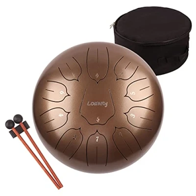 Image de Lomuty Tambour de Langue en Acier, 12 Pouces 30cm,11 Notes C Majeur, Instrument Percussion, à Main avec Sac, Livre Musique, Maillets et Médiators (brun)