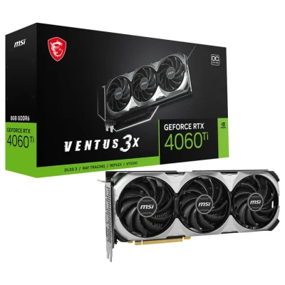 Image de MSI GeForce RTX 4060 Ti Ventus 3X E 8G OC Carte Graphique GPU NVIDIA Ti, 8 Go GDDR6 128 Bits, 18 Gbit/s, Interface PCI Express 4, jusqu&#039;à 2565 MHz, Ventilateurs TORX 4.0